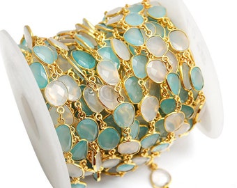 Aqua & White Chalcedony Connector Beaded Chain, Gold Plated Gemstone Chain, Bezel Continuous Chain (GPAW-20005)