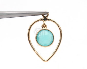 Aqua Chalcedony Dangle Hoop Pendant, Gold Plated, Gold Earring Charms, Single Bail, Pendant Connector, Size 25x15mm (GPAD-50253)