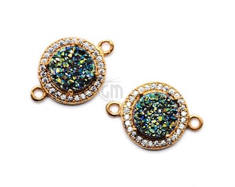 Green Druzy Connector, Gold Connector, 8mm Round Connector, Cubic Zircon Pave Connector, Jewelry Making Supply, GemMartUSA (GPZG-40008)