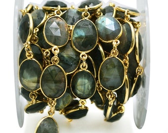 Labradorite Connector Beaded Chain, Gold Plated Gemstone Connector Chain, Oval Bezel Continuous Chain (GPLB-20014)