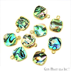 22k Gold Electroplated Abalone, 12mm Cushion Shape Single Bail Gemstone Charms Necklace Connector / Pendant 1pc (SEE-10067)