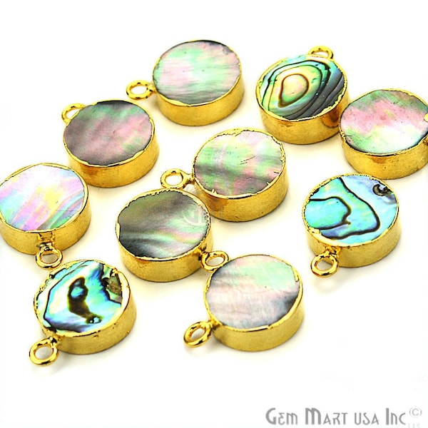 22k Gold Electroplated Abalone, 12mm Round Shape Single Bail Gemstone Charms Necklace Connector / Pendant 1pc (SEE-10090)