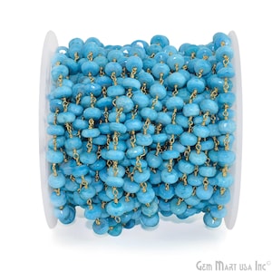 7-8mm Turquoise Round Faceted Bead Gold Plated wire wrapped Rosary Chain by Foot Wholesale Supplies for DIY Jewelry Making GPTQ-30035