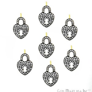 May include: Six gold-tone lock and key charm pendants with pave-set clear cubic zirconia stones. Each pendant is shaped like a heart with a lock and key design.