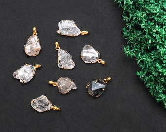 Pingente de Diamante Herkimer, Pingente de Gema Bruta, Pingente de Formato Livre, Pingente de Pedra Bruta, Banhado a Ouro, Argola Simples, (DH-50007)