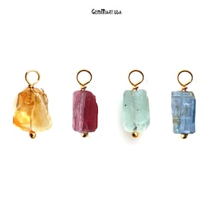Natural Raw Nugget Crystal Gemstone Wire Wrapped Single Loop Gold Plated Rough Cut Charms | Bulk Lot for Jewelry Making Supplies, 50706