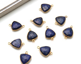 Lapis Gemstone Connector With Faceted Trillion Shape in Gold Bezel Setting, Double Bailed DIY Jewelry, 12MM (LP-10162)