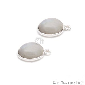 Rainbow Moonstone Bezel Connector, Silver Plated, Single Bail, Oval White Gemstone, Bracelet Supplies, Bezel Cabochon, 10x12mm (RM-10613)
