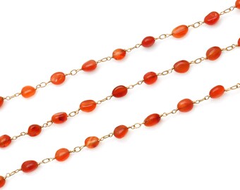 Carnelian Tumble Beads Rosary Chain, 8x5mm, Gemstone Tumble Beads Necklace, Gold Plated Rosary Chain GemMartUSA GPCN-30190