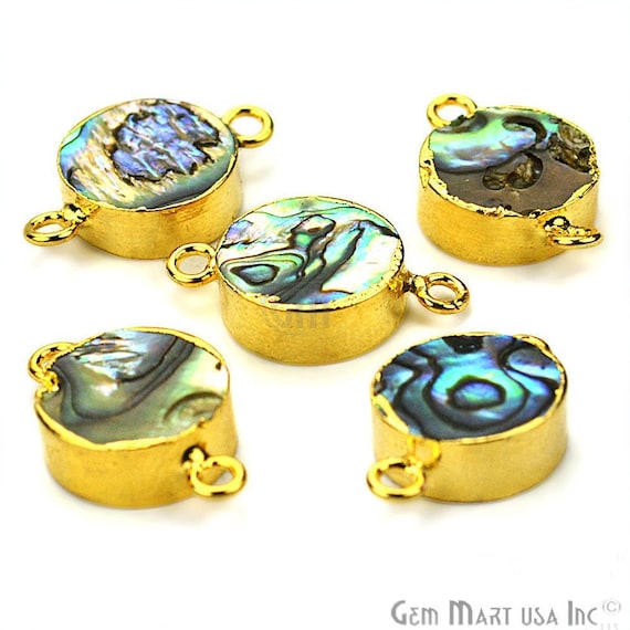 22k Gold Electroplated Abalone, 12mm Round Double Bail Gemstone Charms Necklace Connector / Pendant 1pc GemMartUSA (SEE-10156)