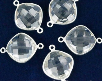 Natural Crystal, Bezel Cushion Shape Connector, 14mm Cushion Silver Plated, Double Bail GemMartUSA (CL-10167)