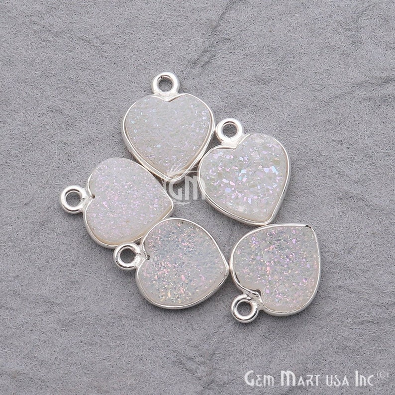 Silver Plated Connector Jewelry Making Supply White Druzy Connector GemMartUSA Gemstone Pendant 10mm Heart Druzy Connector WZ-11263