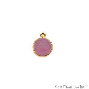 Rose Chalcedony Gemstone Drop Connector, Gold Plated, Single Bail, Round Bezel Connector, Glitter Charm, Gemstone Size 10mm (RC-10589)