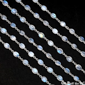 Rainbow Moonstone Cabochon Rosary Chain, 6x8mm Rainbow Moonstone Oval Gemstone Connector, Silver Plated Connector Chain, SPRM-20128