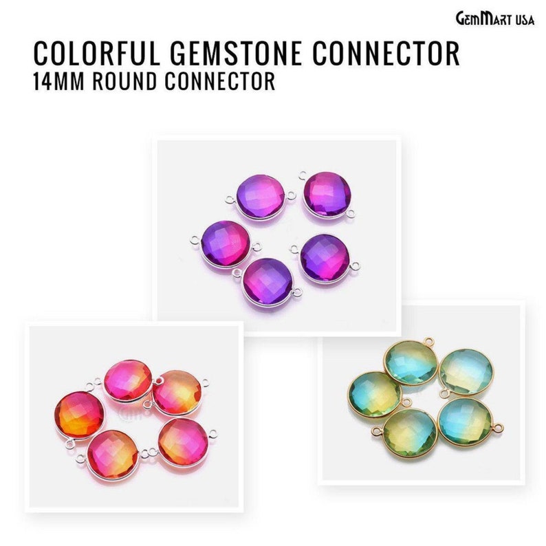 Puede incluir: Seis conectores de piedras preciosas redondos de 14 mm en tres combinaciones de colores diferentes: morado y rosa, naranja y rojo, y verde y azul. Cada conector tiene un bucle plateado o dorado a cada lado.