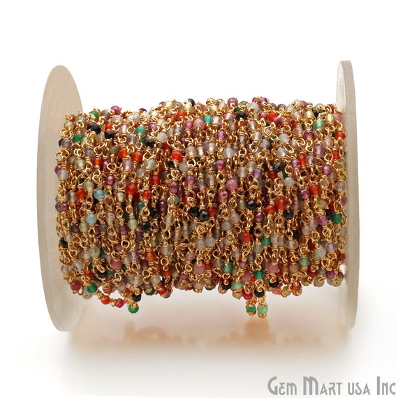 Multi Colour Stone Chain, Rosary Chain, Faceted Bead Chain, Tiny Beads Chain, Gold Gemstone Chain, Gold Plated Chain, 2-2.5mm (GPMU-30000)