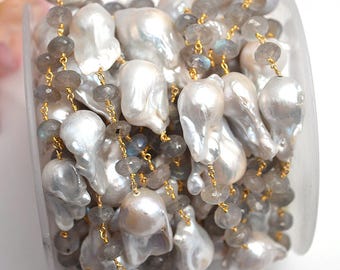 Labradorite With Freshwater Pearl  Rosary Chain, Rondelle Beads Chain, Gold Chain, Jewelry Making Supplies GemMartUSA (gppl-30036)