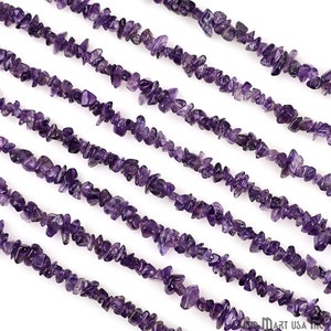 May include: A strand of amethyst chip beads, featuring small, irregular pieces of purple gemstone. The beads are strung on a clear thread and are arranged in parallel lines.