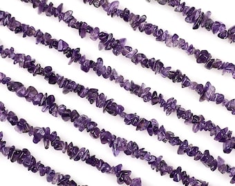 Amethyst Chip Beads, 34 Inch, Natural Chip Strands, Drilled Strung Nugget Beads, 3-7mm, Polished, GemMartUSA (CHAA-70001)