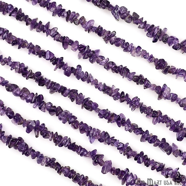Amethyst Chip Beads, 34 Inch, Natural Chip Strands, Drilled Strung Nugget Beads, 3-7mm, Polished, GemMartUSA (CHAA-70001)