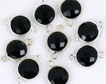 Natural Black Onyx Round Shape Bezel Connector, Silver Plated Double Bail Connector, Bezel Setting, Jewelry Supply, GemMartUSA (BO-10188)