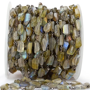 AAA Quality Labradorite Fancy Cut Beads Oxidized Wire Wrapped Rosary Chain GemMartUSA (BPLB-30042)