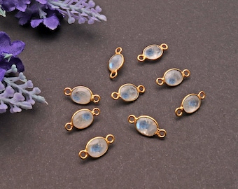 Rainbow Moonstone Gemstone Connector, Connector Bezel Charm, Earring Connector, Double Gold Bail, Oval Connector, 6x8mm (RM-10475)