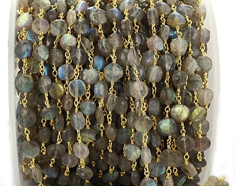Excellent Quality Labradorite Coin Rosary Chain, 6-7mm Gold Plated wire wrapped Rosary Chain GemMartUSA (GPLB-30012)
