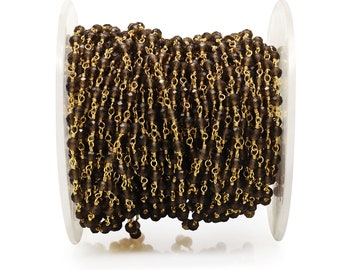 Belle chaîne de chapelet en forme de topaze fumée de 3 à 3,5 mm, plaquée or 24 carats par Foot GemMartUSA (30002)