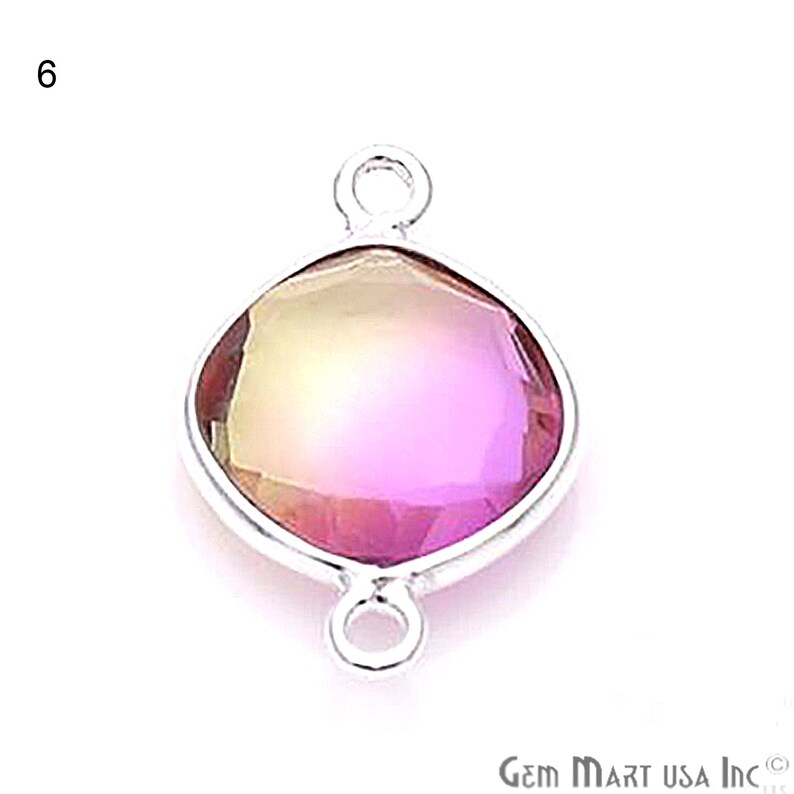 May include: A silver-toned pendant with a square-shaped iridescent gemstone. The gemstone has a gradient of pink, yellow, and white. The pendant has two loops at the top for attaching to a chain or cord.