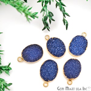 Electro Blue Druzy Connectors, Drop Pendants, Single Bail, Gold Electroplated, DIY Pendants, 12X16MM Oval, GemMartUSA (BEZ-11081)