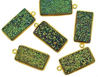 Natural Green Druzy, Bezel Octagon Shape Connector, 10x20mm Octagon 24k Gold Plated, Single  Bail 1pc (ZG-11215)