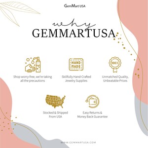 K&ouml;nnte beinhalten: Eine Werbegrafik f&uuml;r GemMart USA mit Text und Symbolen auf rosa und grauem Hintergrund. Der Text enth&auml;lt "why GEMMARTUSA" und Details zu handgefertigten Schmuckzubeh&ouml;r, Qualit&auml;t und R&uuml;cksendungen. Die Website-Adresse wird ebenfalls angezeigt.