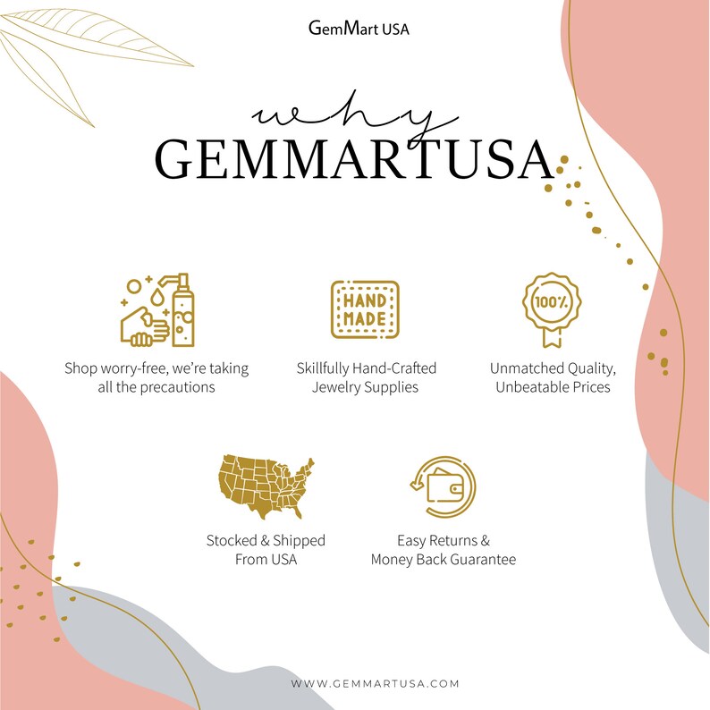 K&ouml;nnte beinhalten: Eine Werbegrafik f&uuml;r GemMart USA mit Text und Symbolen auf rosa und grauem Hintergrund. Der Text enth&auml;lt "why GEMMARTUSA" und Details zu handgefertigten Schmuckzubeh&ouml;r, Qualit&auml;t und R&uuml;cksendungen. Die Website-Adresse wird ebenfalls angezeigt.