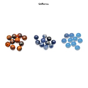 May include: Three groups of round gemstone beads. The first group is tiger's eye beads in shades of brown and gold. The second group is blue sodalite beads. The third group is light blue gemstone beads.
