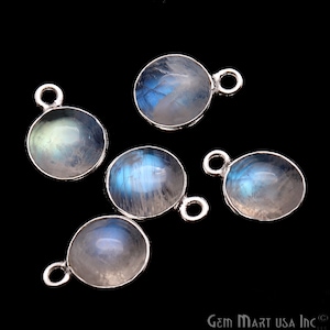 Rainbow Moonstone Connector, 8mm Round Cabochons, Cabochons, Silver Plated Bail, Bezel Connector, GemMartUSA (RM-10707)