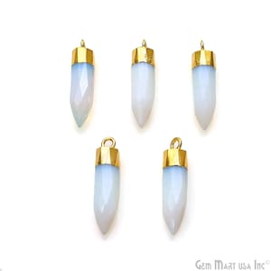 May include: Five gold-capped opal point pendants. Each pendant is a light blue color and has a faceted, pointed shape. The pendants are arranged in a row on a white background.