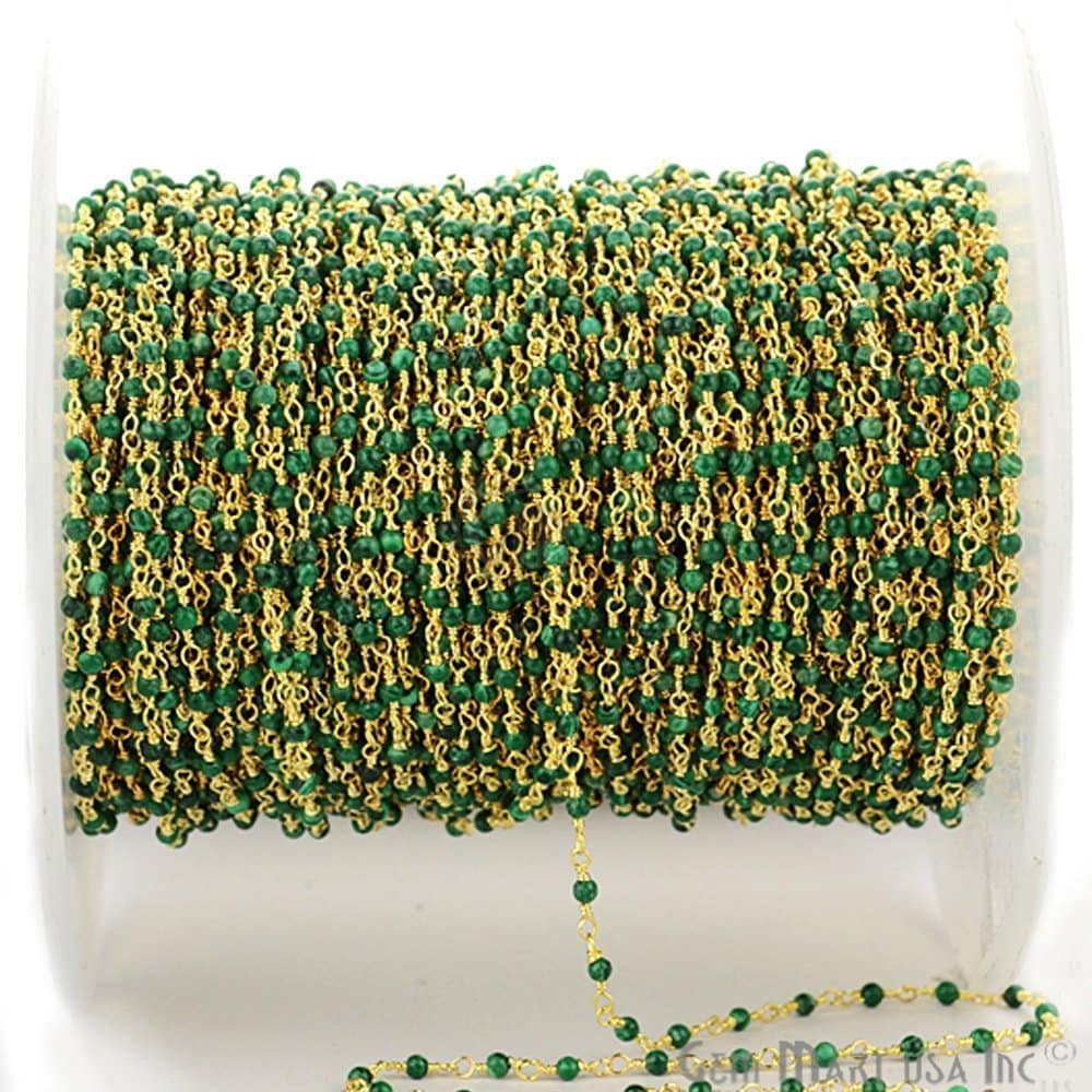 10 Feet Malachite Round Rosary Beaded Chain Silver Plated Wire 2mm 
