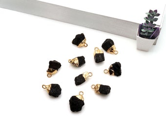 Black Tourmaline Pendant, Rough Gemstone Pendant, Freeform Pendant, Raw Stone Pendant, Gold Electroplated, Single Bail, 17x9mm (GPKT-50470)