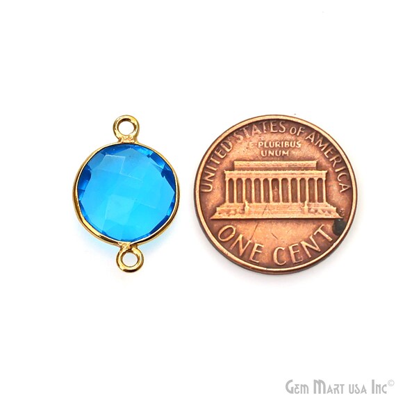 Blue Topaz Quartz Bezel Round Shape Connector, 12mm Round 24k Gold