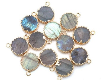 Labradorite 18x14mm Round Shape Single Bail Gold Plated Gemstone Connector Charm, LB-50213