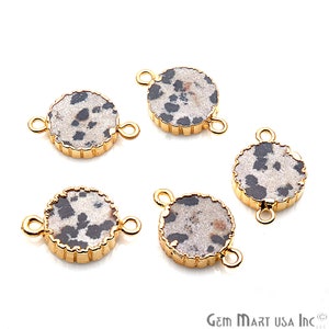 Round Connector, Dalmatian Jasper, 24k Gold, Gold Electroplated, Gold Bail, Electroplated, 12mm Zig Zag Double Bail, GemMartUSA (DZJ-10156)