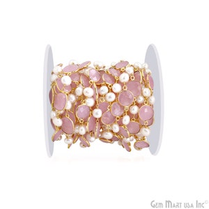 Rose Chalcedony & Freshwater Pearl Connector Bezel Chain, Connector Chain, Link Chain, Gold Chain, Connector Chain, 10mm, 7-8mm GPRC-30260