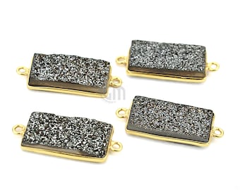 Black Druzy Connector, 10x20mm Rectangle Shape 24k Gold Plated Double Bail Gemstone Link Connector/Pendant (ZB-11217)