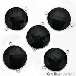 Natural Black Onyx, Bezel Round Shape Connector, 20mm Round Silver Plated Double Bail  1pc. (BO-10226)