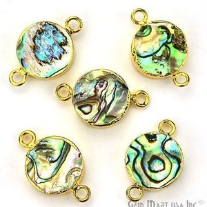 May include: Five gold-toned metal connector charms with round abalone shell inlays. Each charm has two jump rings for attaching to jewelry.