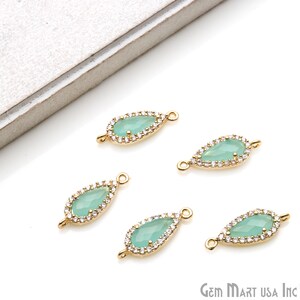 Aqua Chalcedony Connector, Pears 9x3mm, Gold Prong Setting, Pendant Connector, Cubic Zircon Pave, Double Bail Connector, (GPAD-40042)