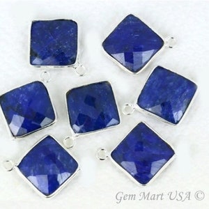 Natural Sapphire Bezel Connector, 12mm Square Shape Silver Plated Single Bail Gemstone Pendant GemMartUSA (SH-10126)