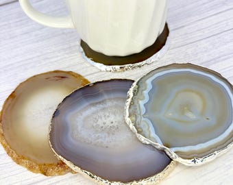 Natural Agate Slice Coaster, Gemstone Coaster, Rock & Crystal Coaster, Organic/Silver/Gold Plated Drinkware, GemMartUSA (NACO)