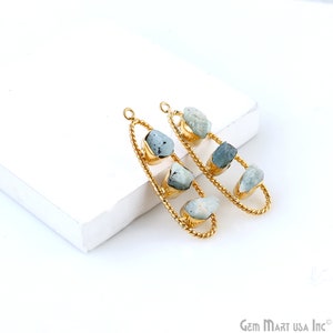 Aquamarine Rough Gemstone Free Form, Oval Gold-Plated Twisted Bezel setting, DIY Earring Pendant Connector, 44x16mm, GemMartUSA, GPAQ-50782